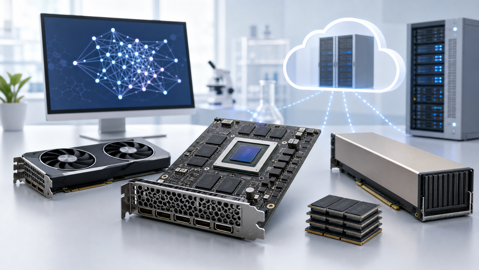 AI研究用GPU、メモリ、クラウド計算基盤を示す明るい教育用イメージ