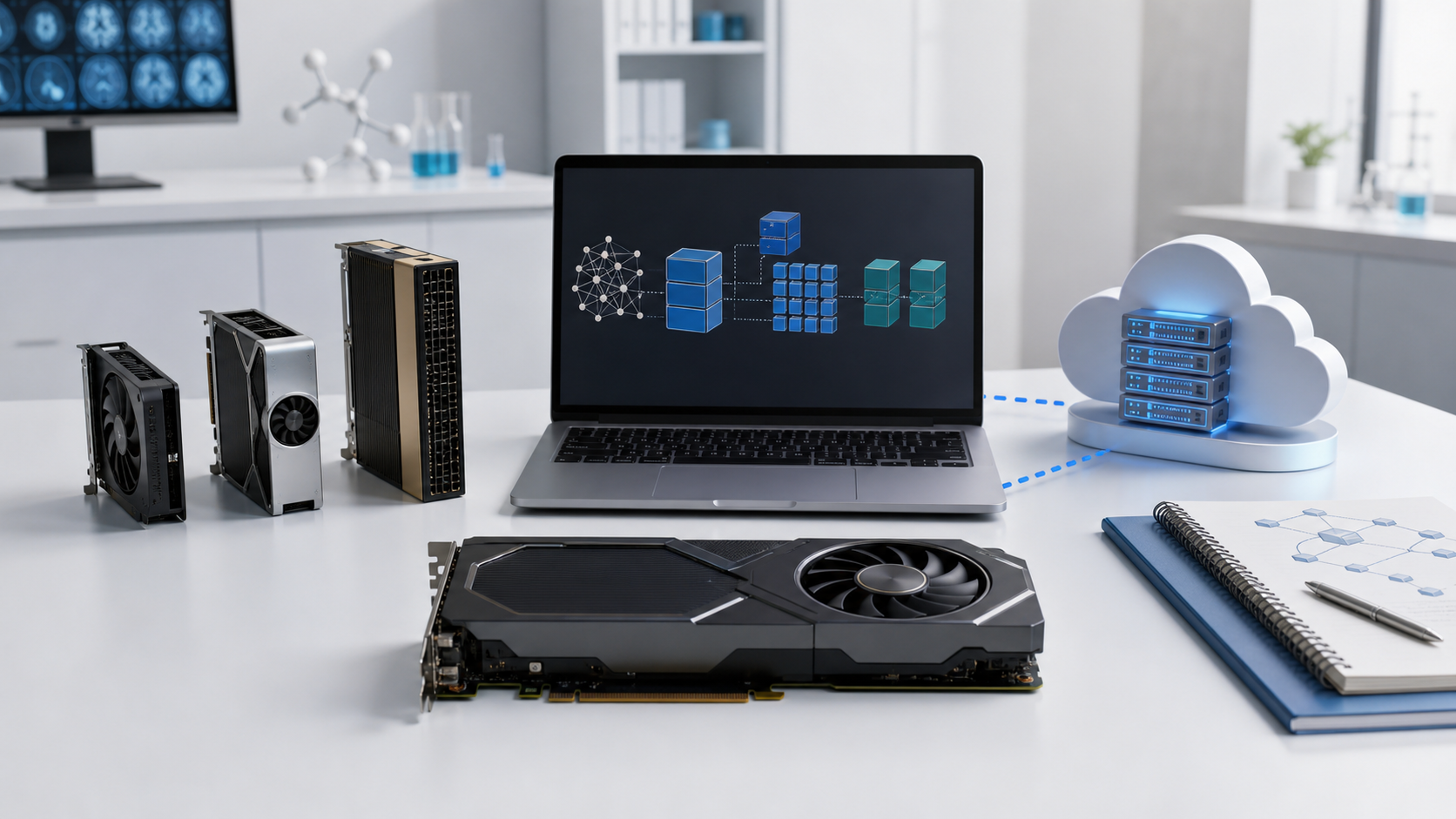 研究デスクに並ぶ複数のGPU、ノートPC、クラウドサーバーを示す明るい教育用イメージ